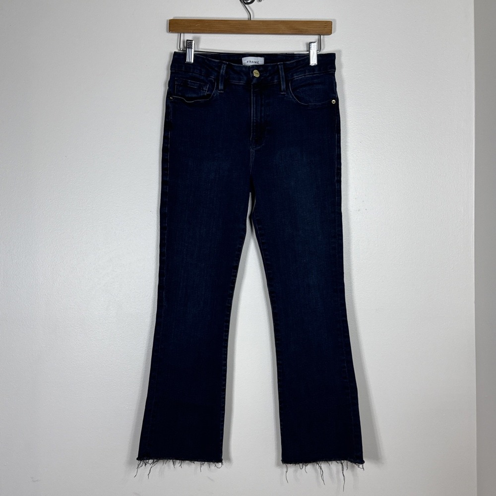 Frame Le Crop Mini Boot Jeans Womens 28 Blue Dark Wash Raw Hem Casual Chic
